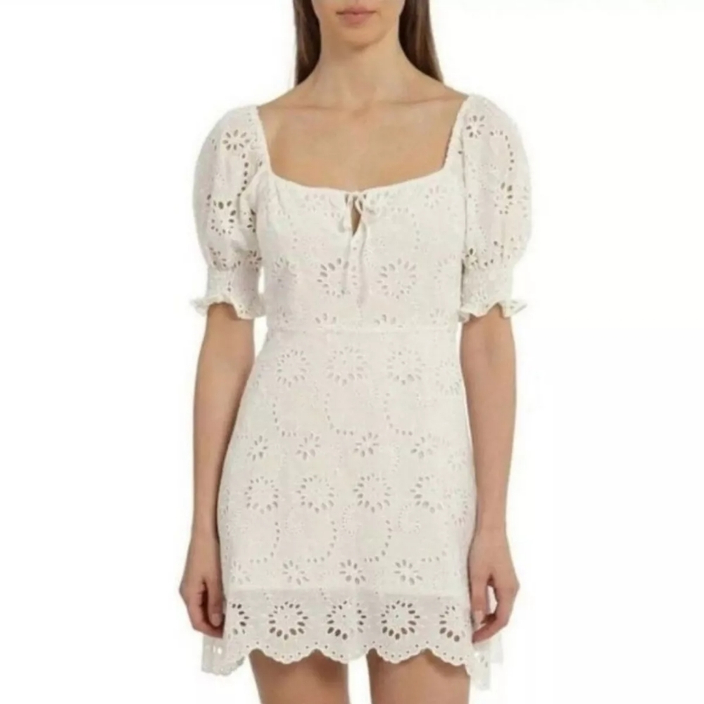 7 For All Mankind White Eyelet Lace Short Puff Sleeve Mini Babydoll Dress Size L